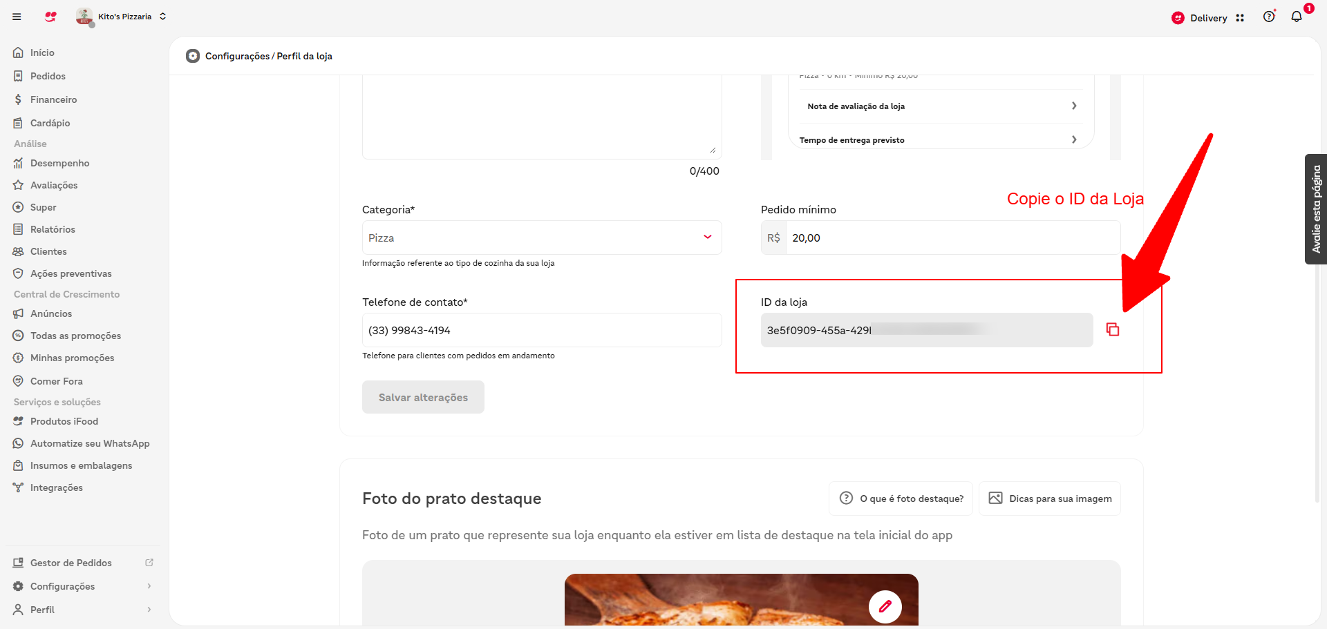 Campo "ID da loja" em destaque na tela de Perfil da loja do Portal do Parceiro iFood