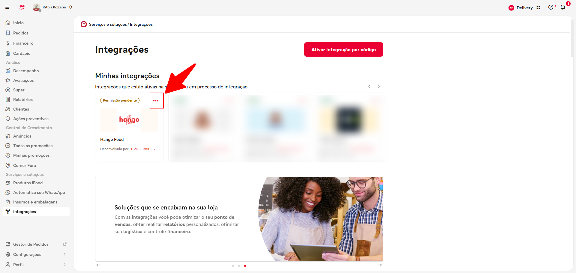 Card do Hango Food com o status "Permissão pendente" e destaque no menu de três pontos
