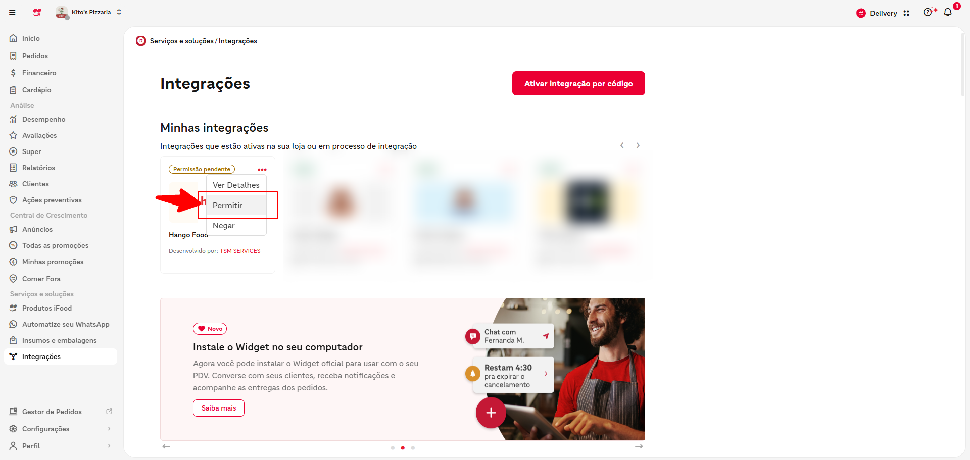 Menu aberto com as opções Ver Detalhes, Permitir e Negar, com destaque na opção Permitir